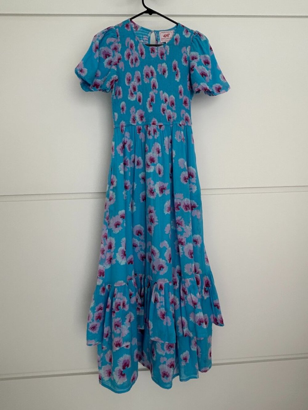 Banjanan Blue Floral Midi Dress Size S 100% Cotton Smocked Puff Sleeve